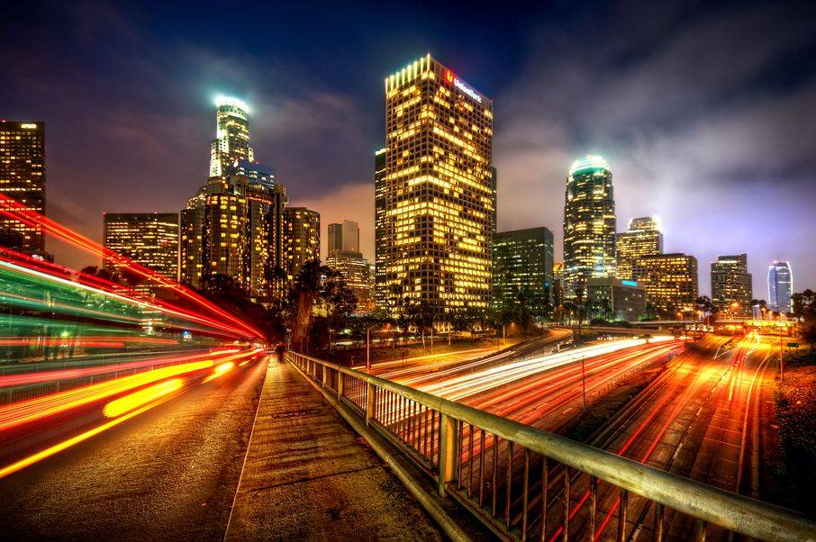 light trails through city